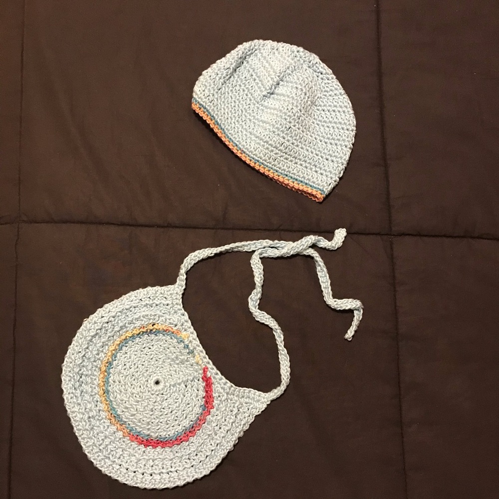 New No Tags Hand Knitted Light Blue Baby Hat & Bib